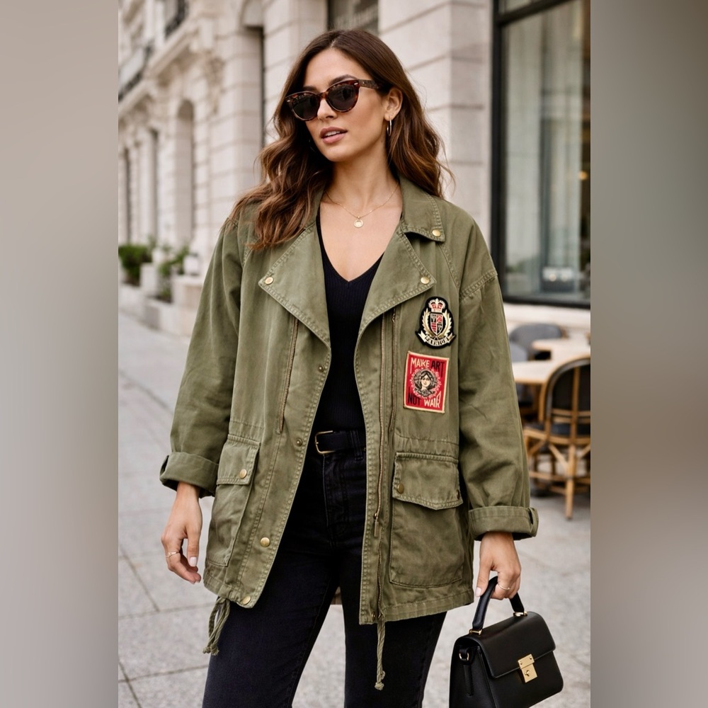 ♻️ UPCYCLED Olive Utility Field Jacket with Embroidered Patches size M/L